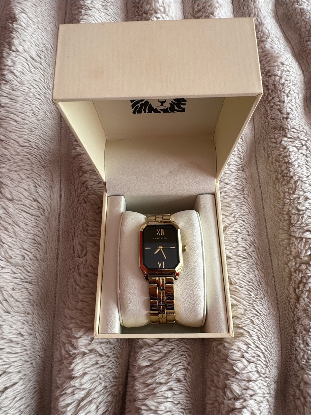 Anne Klein Gold Tone Bracelet Watch with Black Dial and Roman Markers